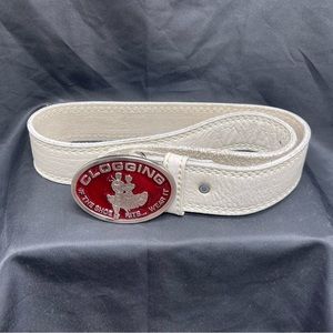 Vintage CLOGGING BELT BUCKLE VINTAGE from the 1980'S  white leather 37 inch belt